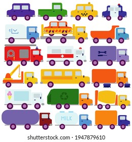 Conjunto de vehículos diferentes en estilo plano, niños coches y máquinas auxiliares ilustración vectorial