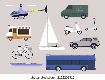 A set of different vehicles, recreational, cargo, public transport, aircrafts and boats