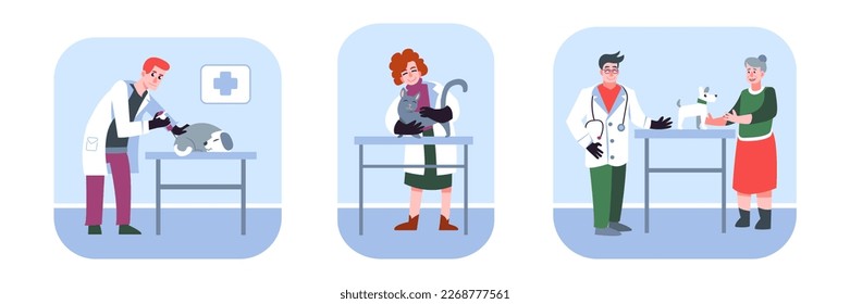 Set of different veterinarians examining dogs and cats. Animals healthcare service. Veterinary clinic. Medical center for domestic animals treatment. Vector