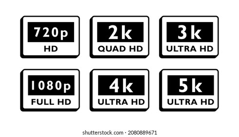 Set different video resolution label design. 2k quad hd, 3k 4k 5k ultra hd, 1080 full hd and 720 hd dimensions of video. Vector illustration.