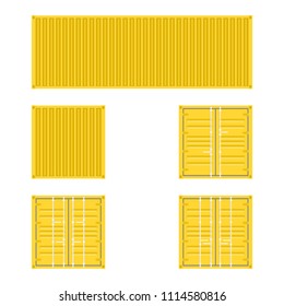 Set of different views of yellow cargo transport containers for logistics transportation and shipping on a white background 