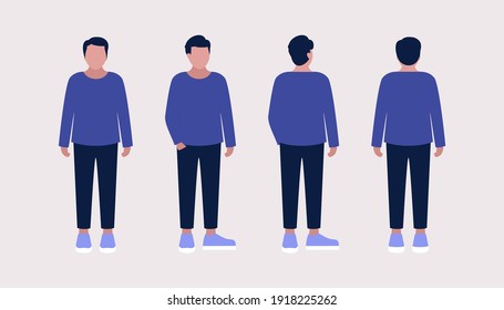 Set of different views of a young woman. Front, side, back. Vector illustration in a flat style