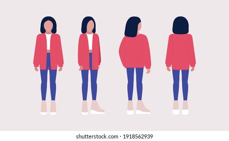 Set of different views of a young woman. Front, side, back. Vector illustration in a flat style