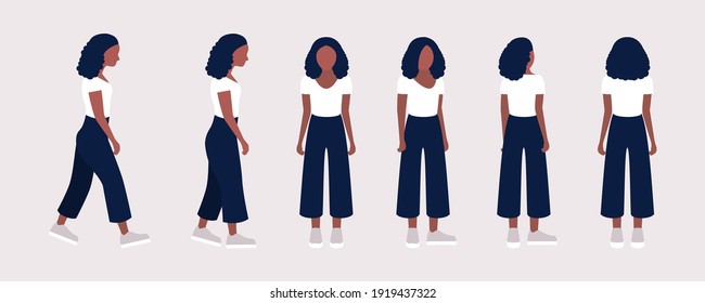 Set of different views of a young woman. Front, side, back. Vector illustration in a flat style