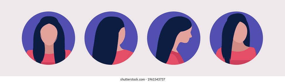Set of different views of a young woman. Front, side, back. Vector illustration in a flat style