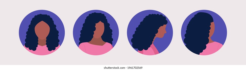 Set of different views of a young woman. Front, side, back. Vector illustration in a flat style