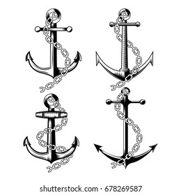 Set of different vintage anchors with chain on white background . Vector illustration.