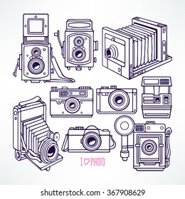 set with different vintage cameras. hand-drawn illustration