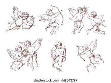 Set of different vintage cupid. Various flying angels with arrows and bow collection. Vector monochrome amur hand drawn illustration.