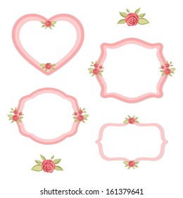 Set of different vintage frames with roses in shabby chic style isolated on white