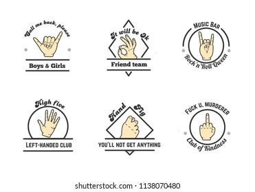set of different vintage hand gestures logos. Collection of logotypes with quotes and humans hands