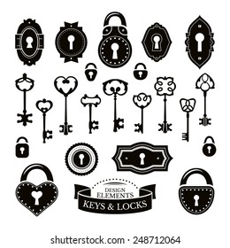 Set of different vintage keys, keyholes and locks, vector illustration