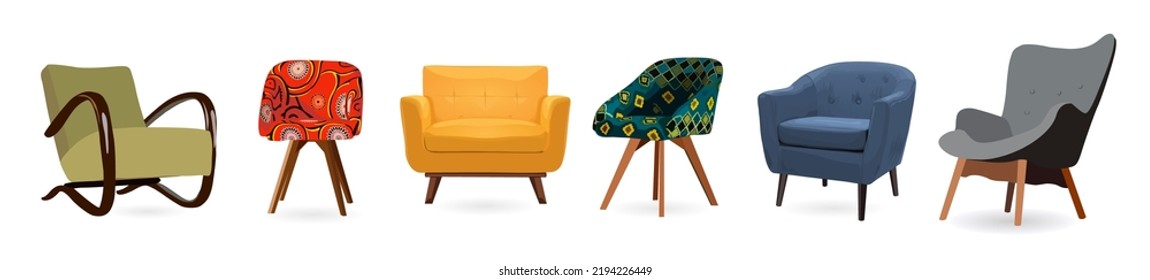 Set of different vintage mid century modern armchairs. Furniture vector realistic illustration isolated on white background.