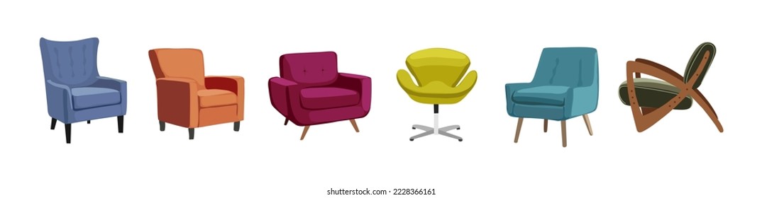 Set of different vintage mid century modern accent armchairs. Furniture vector realistic illustration isolated on white background.	