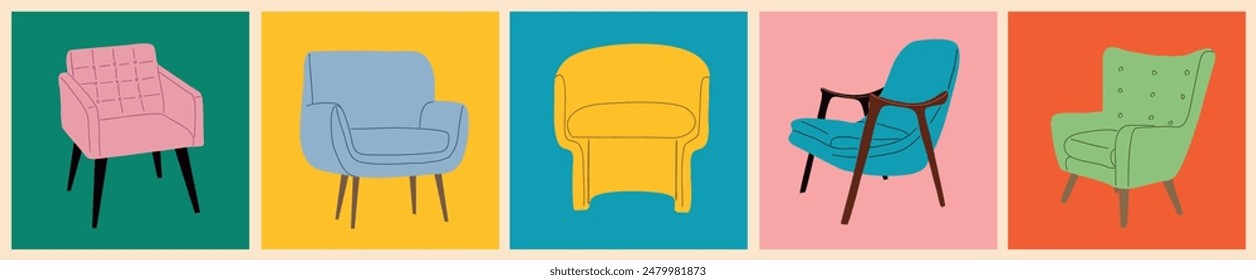 Set of different vintage mid century modern armchairs. Comfortable soft furniture different colors, shapes. Vector flat illustration isolated on colorful background.