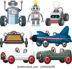 Set of different vintage robots illustration