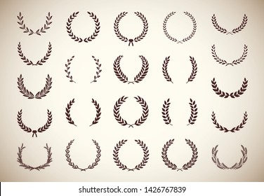 Set of different vintage silhouette circular laurel foliate, olive and wheat wreaths depicting an award, achievement, heraldry, nobility. Vector illustration.