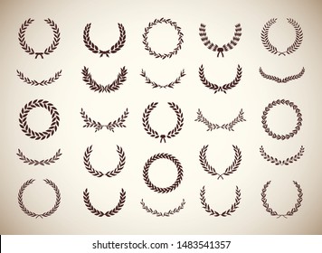 Set of different vintage silhouette circular laurel foliate and olive wreaths depicting an award, achievement, heraldry, nobility, emblem. Vector illustration.