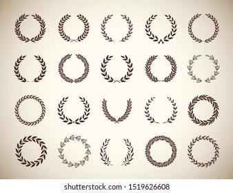 Set of different vintage silhouette circular laurel foliate and olive wreaths depicting an award, achievement, heraldry, nobility, emblem. Vector illustration.