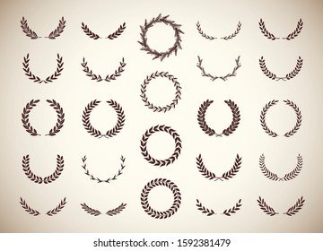 Set of different vintage silhouette laurel foliate, olive and wheat wreaths depicting an award, achievement, heraldry, nobility, emblem. Vector illustration.