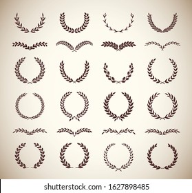 Set of different vintage silhouette laurel foliate, oak and olive wreaths depicting an award, achievement, heraldry, nobility, emblem. Vector illustration.