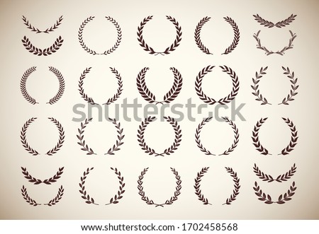 Set of different vintage silhouette laurel foliate, olive, and wheat wreaths depicting an award, achievement, heraldry, nobility, emblem, logo, border. Vector illustration.