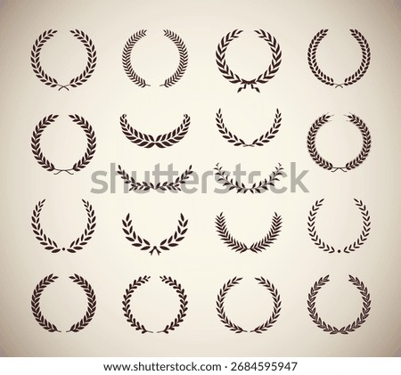 Set of different vintage silhouette laurel foliate wreaths depicting an award, achievement, heraldry, nobility, emblem, logo, border. Vector illustration.