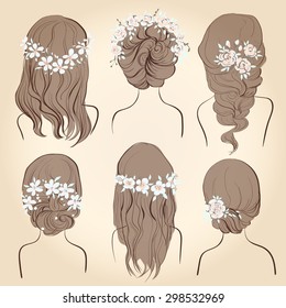 Set of different vintage style hairstyles, wedding hairstyles, hair styles with flowers, sketch of female head isolated on a beige background