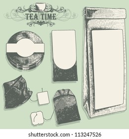 set of different vintage tea labels, for layouts or presentations