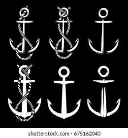 Set of different vintage white colored anchors on black background with and without rope. 