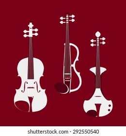 Set of different violins. Classical violin, electric violins. Isolated musical instruments. Vector illustration.