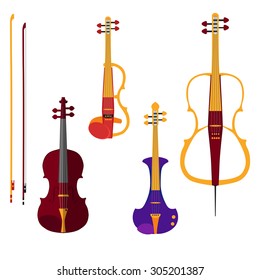 Set of different violins. Classical violin, electric violin and cello with bows. Isolated musical instruments on white background. Vector illustration in flat style design. 