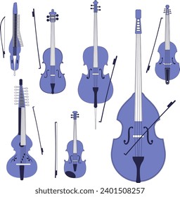 Set of different violins, string instruments.Vector images of musical instruments.