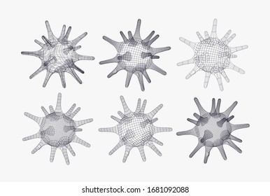 Set of different viral cells. Novel Coronavirus (2019-nCoV). Virus Covid 19-NCP. Coronavirus nCoV denoted is single-stranded RNA virus. Linear outline polygon mesh style. Vector illustration.