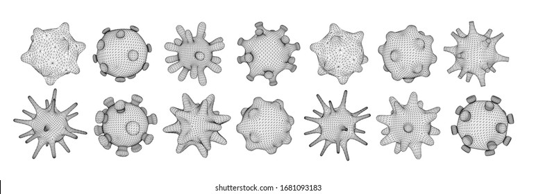 Set Of Different Viral Cells. Novel Coronavirus (2019-nCoV). Virus Covid 19-NCP. Coronavirus NCoV Denoted Is Single-stranded RNA Virus. Linear Outline Polygon Mesh Style. Vector Illustration.