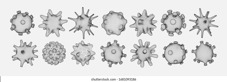 Set of different viral cells. Novel Coronavirus (2019-nCoV). Virus Covid 19-NCP. Coronavirus nCoV denoted is single-stranded RNA virus. Linear outline polygon mesh style. Vector illustration.