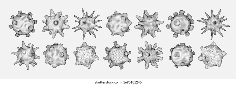 Set of different viral cells. Novel Coronavirus (2019-nCoV). Virus Covid 19-NCP. Coronavirus nCoV denoted is single-stranded RNA virus. Linear outline polygon mesh style. Vector illustration.