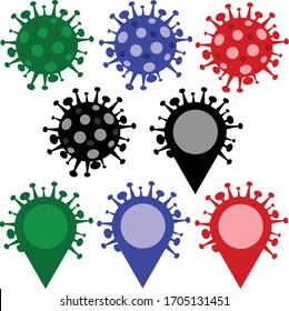 Set Of Different Virus Cells Map Pins. Viruses Location Dropper/ Covid-19/ Coronavirus Disease 2019 Geography/ Vector Icon For Mapping Or Design/ SARS-CoV-2/ Pandemic Outbreak/teardrop-shaped Marker