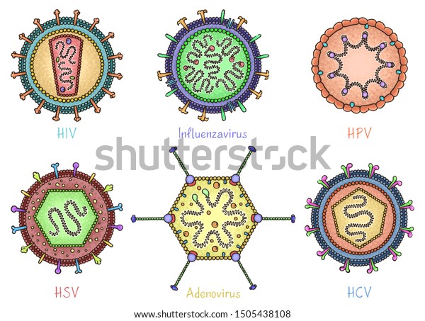 Set of different
viruses in hand drawn style. Color diagrams showing the structure
of viruses. Vector illustration isolated on white background for
medical info graphics.