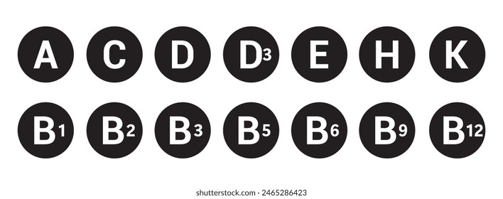 Set von verschiedenen Vitaminschwarz-Vektorgrafik-Symbol. Isoliert auf weißem Hintergrund