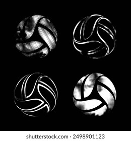 Set of different volleyball sport balls isolated on black background. Scribble, solid and outline halftone silhouettes for t-shirt designs and tournament events