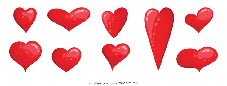 Set of different voluminous hearts. Red heart icons. Vector silhouettes of hearts of different shapes for websites, cards, design, Valentine's day.