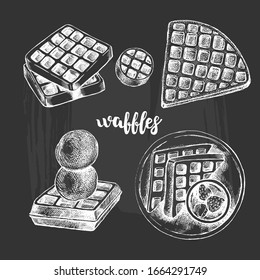 Set of different waffles. Ink hand drawn Vector illustration with brush calligraphy style lettering. Food elements for menu or signboard design.