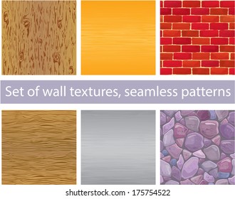 Set of different wall textures - wood, silver and  gold metal, brick, stones - seamless patterns