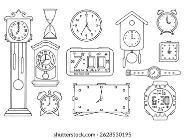Set of different watches, vintage, antique, electronic, wristwatches, alarm clocks, hourglasses.