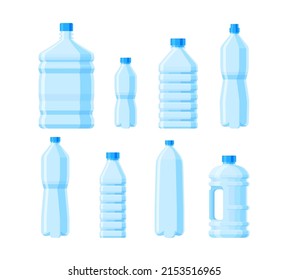 Set of different water bottles in flat vector style. Collection of Blue water bottles of different shapes and sizes isolated on white background.