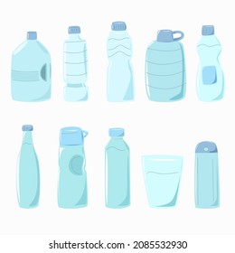 Un conjunto de botellas de agua de diferentes tamaños y diseños.