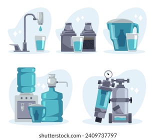 Set of different water filters flat style, vector illustration isolated on white background. Decorative design elements collection, fresh and clean water, technologies