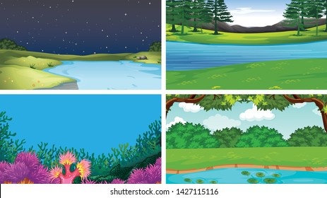 Set of different water scenes illustration