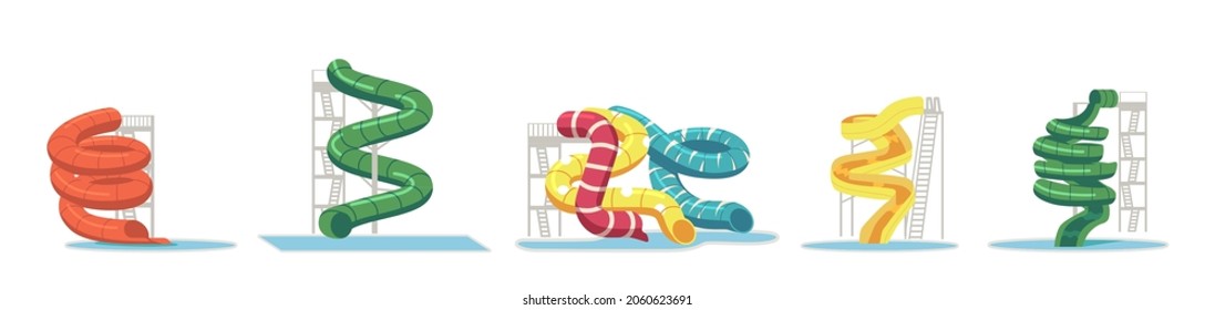 Set verschiedener Wasserrutschen und -rohre einzeln auf weißem Hintergrund. Aquapark und Schwimmbad Ausrüstung, Artikel für Vergnügungspark und Wasserpark Erholung Spaß. Cartoon-Vektorgrafik